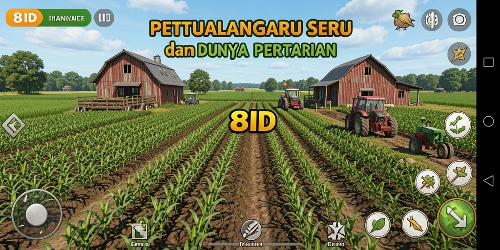 Tampilan screenshot 8ID menunjukkan ladang yang subur dan aktivitas bertani.