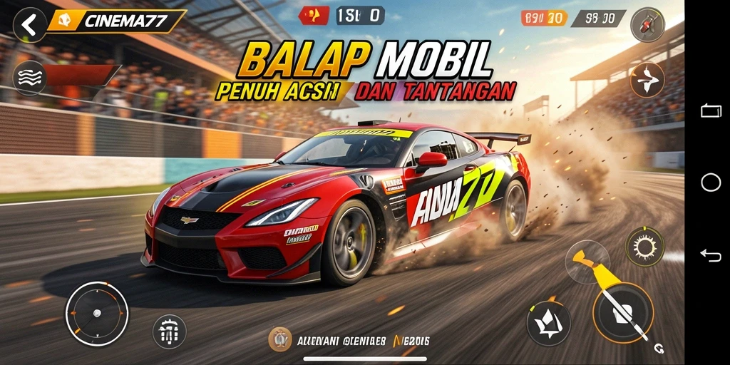 Tampilan gameplay mendebarkan di CINEMA77 dengan mobil balap yang melaju kencang.
