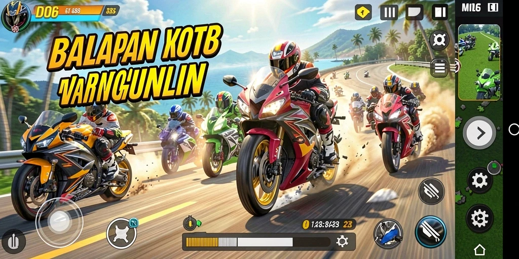 Tangkapan layar D06 menampilkan adu balapan motor yang intens dan mendebarkan.