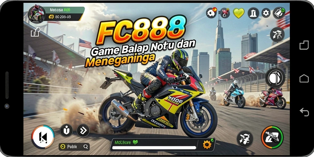 Tampilan gameplay FC888 yang penuh aksi di trek balap motor.