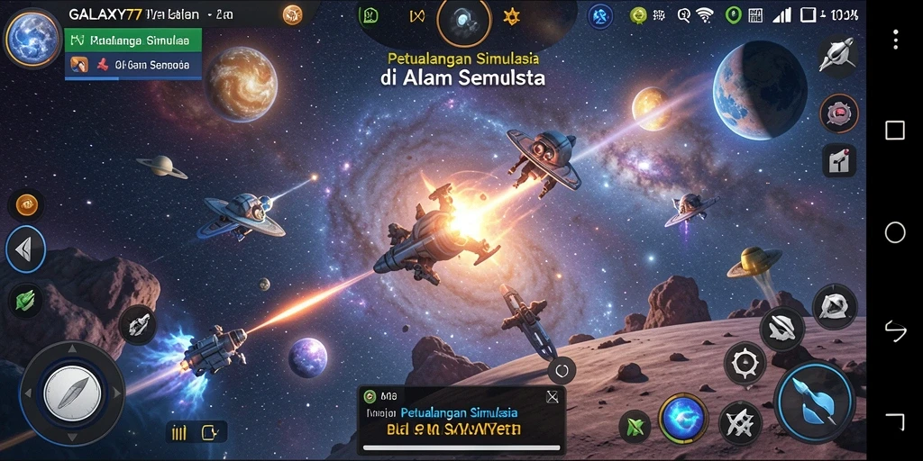 Tampilan gameplay mendebarkan dari GALAXY77 di ruang angkasa.