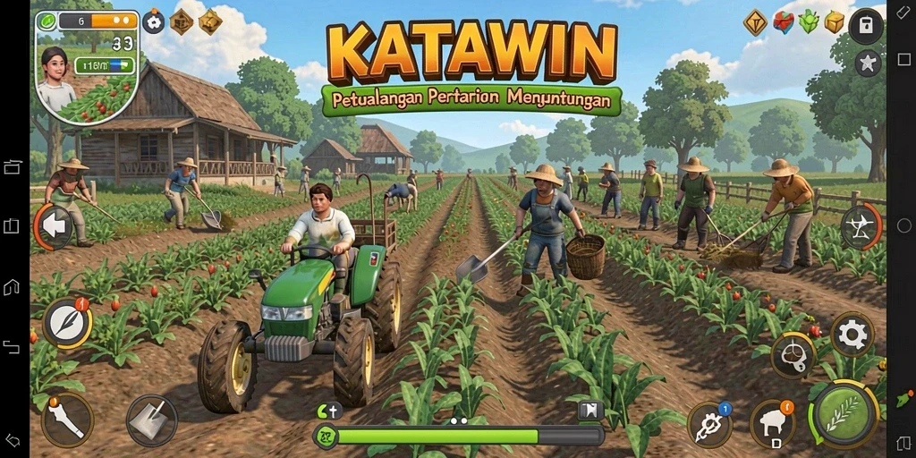 Screenshot gameplay KATAWIN yang menunjukkan kebun yang rimbun dan hasil panen melimpah.