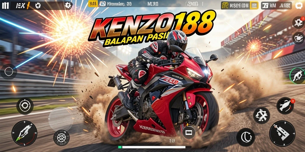 Screenshot utama KENZO188 menampilkan aksi balapan motor yang seru.