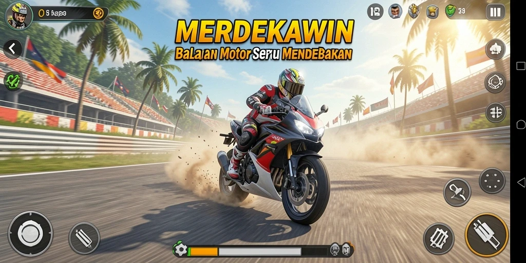 Tampilan gameplay seru di <strong>MERDEKAWIN</strong> saat balapan di lintasan.