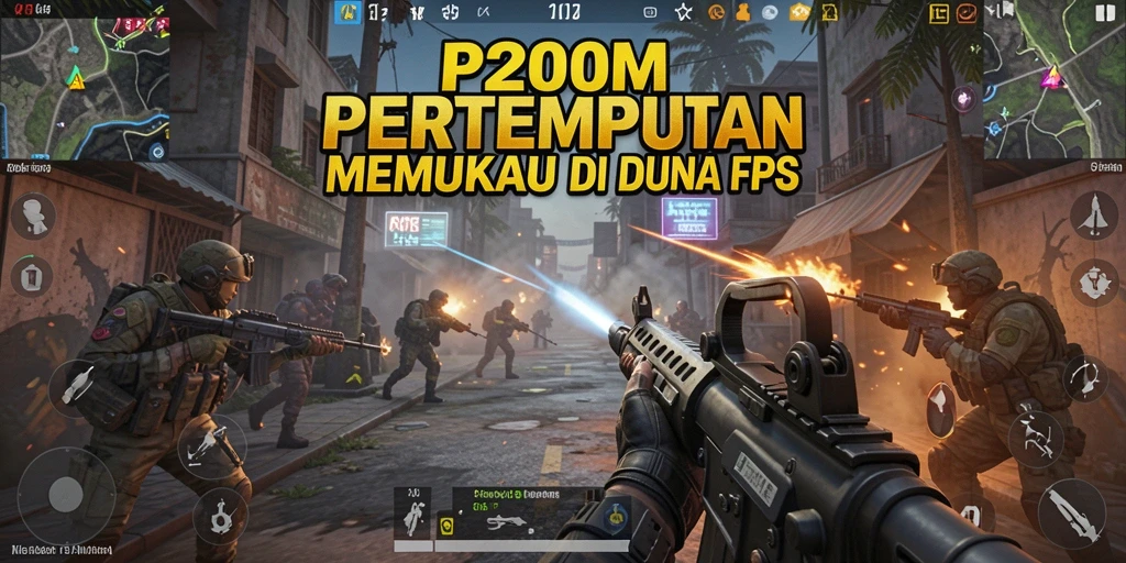 Screenshot P200M menampilkan aksi pertempuran yang intens dalam mode FPS.