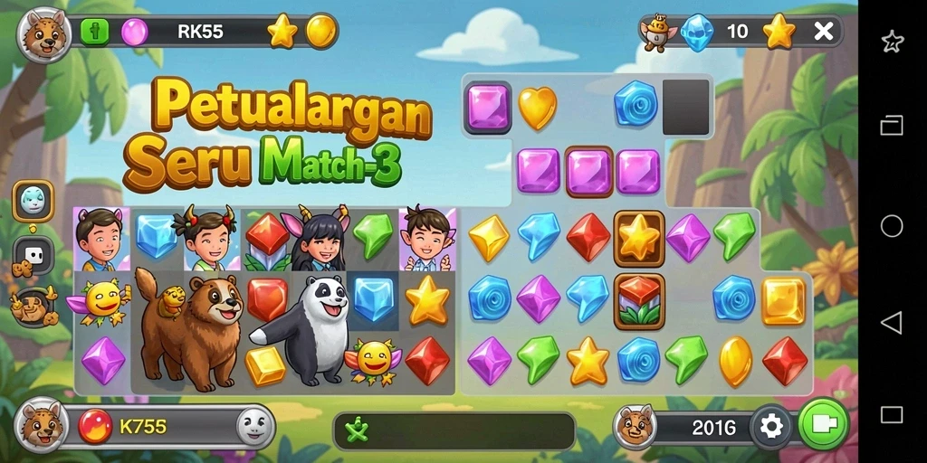 Gameplay seru RK55 dengan pencocokan permata warna-warni.