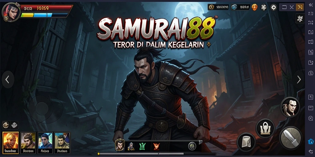 Tangkapan layar gameplay <strong>SAMURAI88</strong> menampilkan suasana horor yang mencekam dan penuh ketegangan.